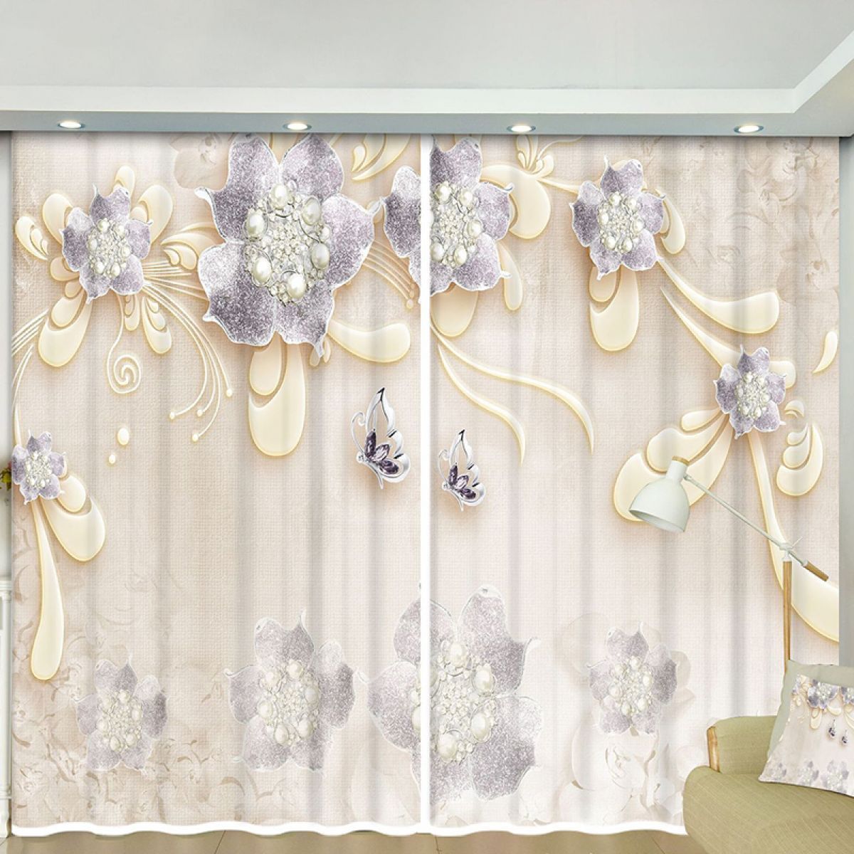 silver butterfly and blossom printed window curtain home decor 6755