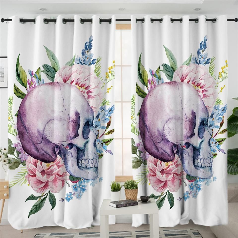 skull flowers white printed window curtains home decor 4201