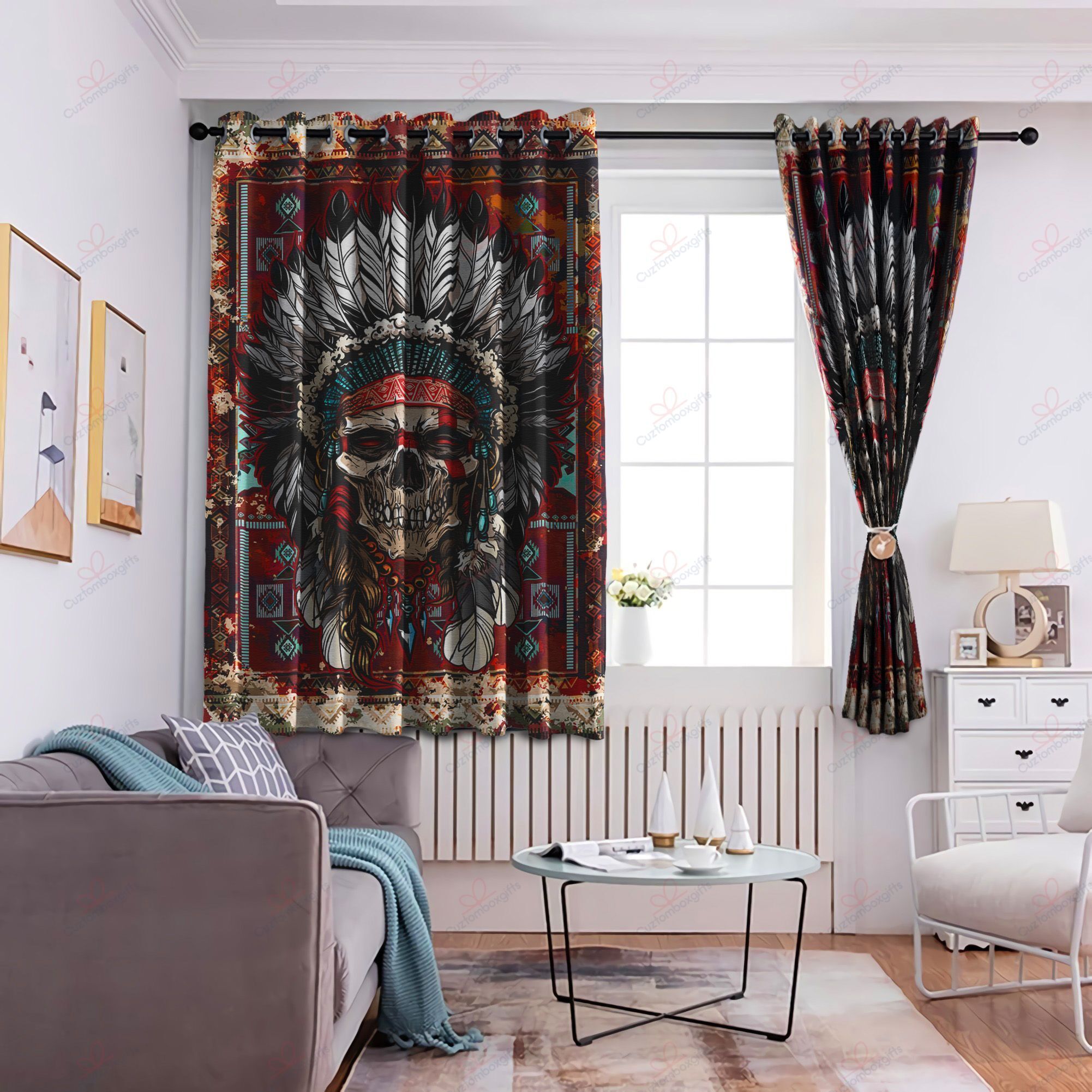 skull native american printed window curtain home decor 7187