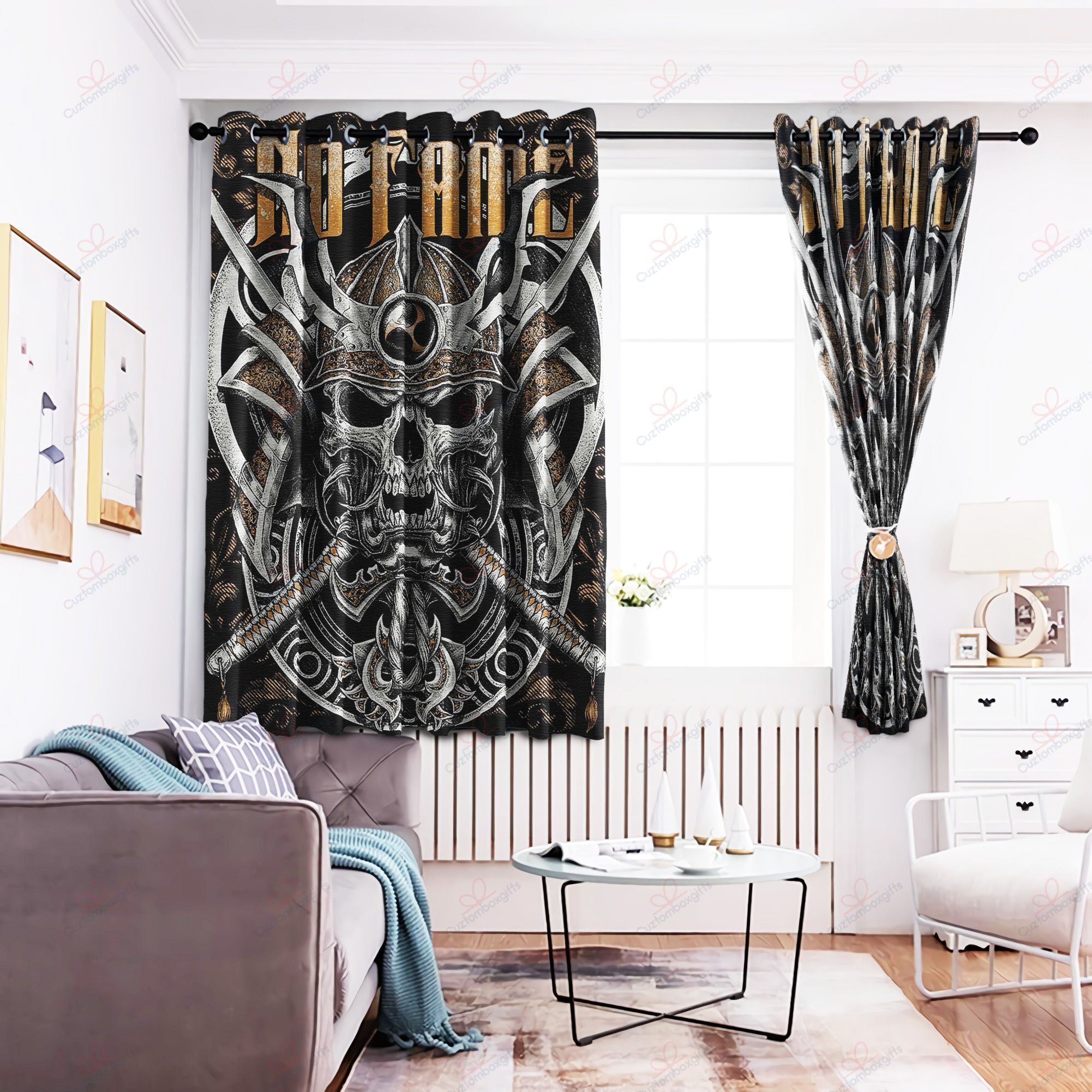 skull warrior printed window curtain home decor 1250