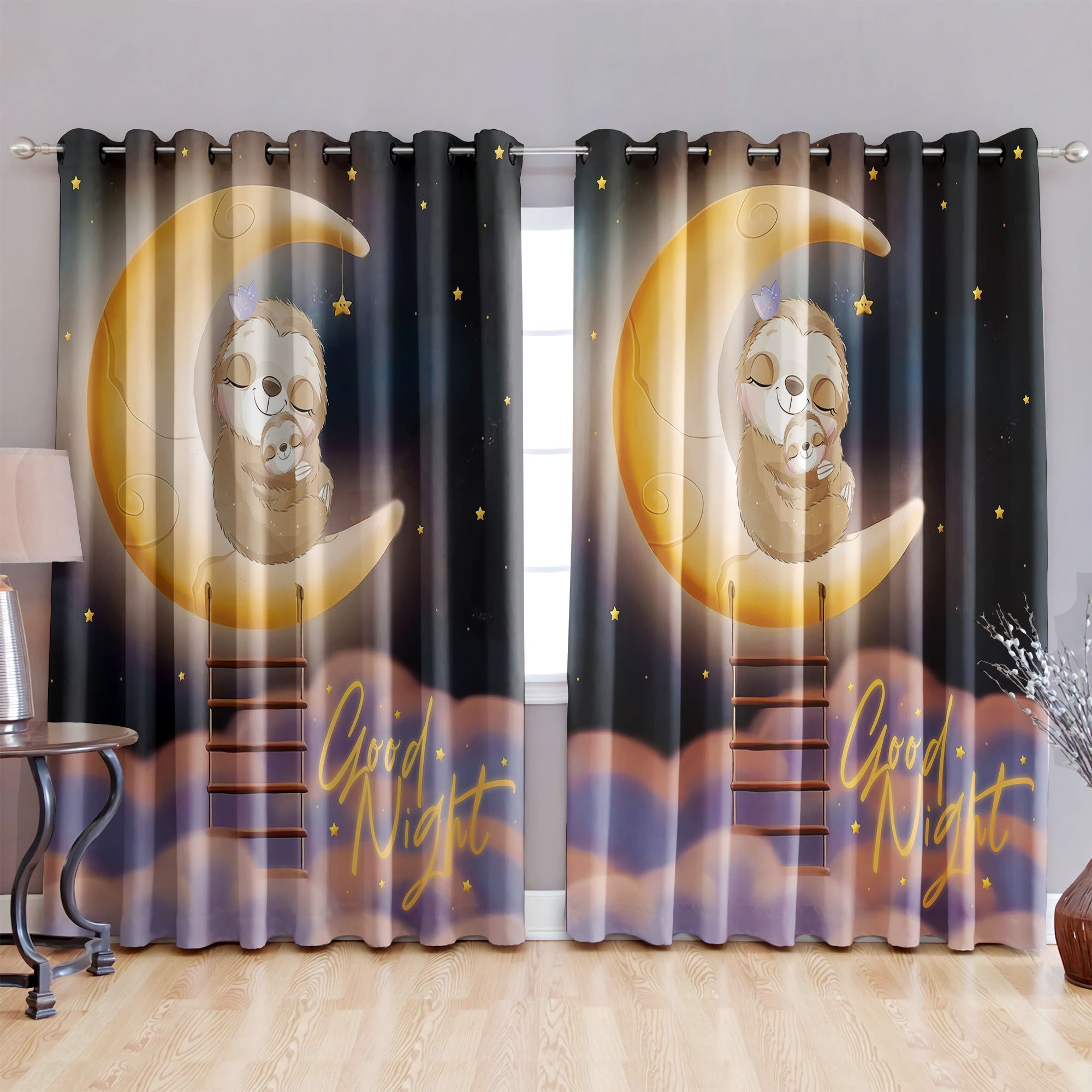 sloth sleeping on waning moon printed window curtain home decor 4042