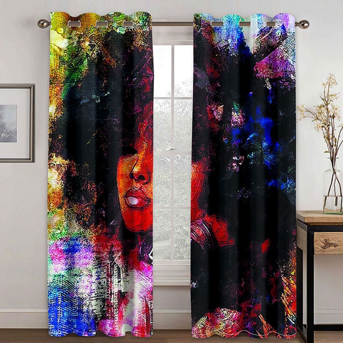 street style woman painting colorful art printed window curtain home decor 4377