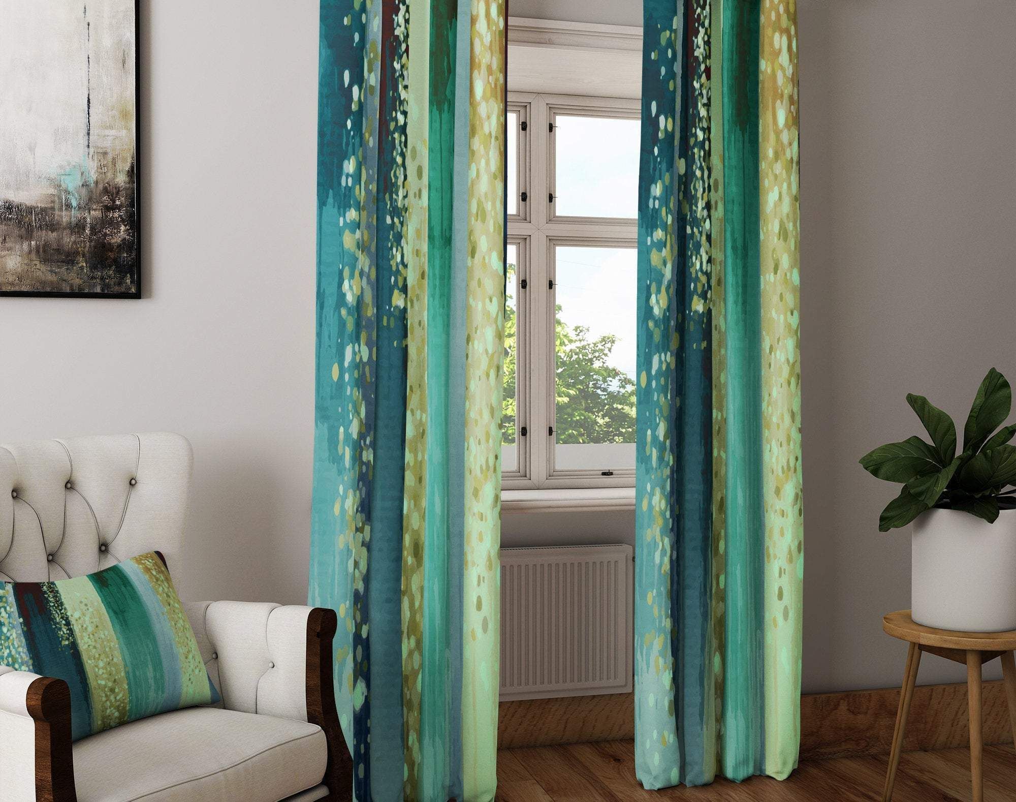 striped watercolor boho nautical green printed window curtain 8918