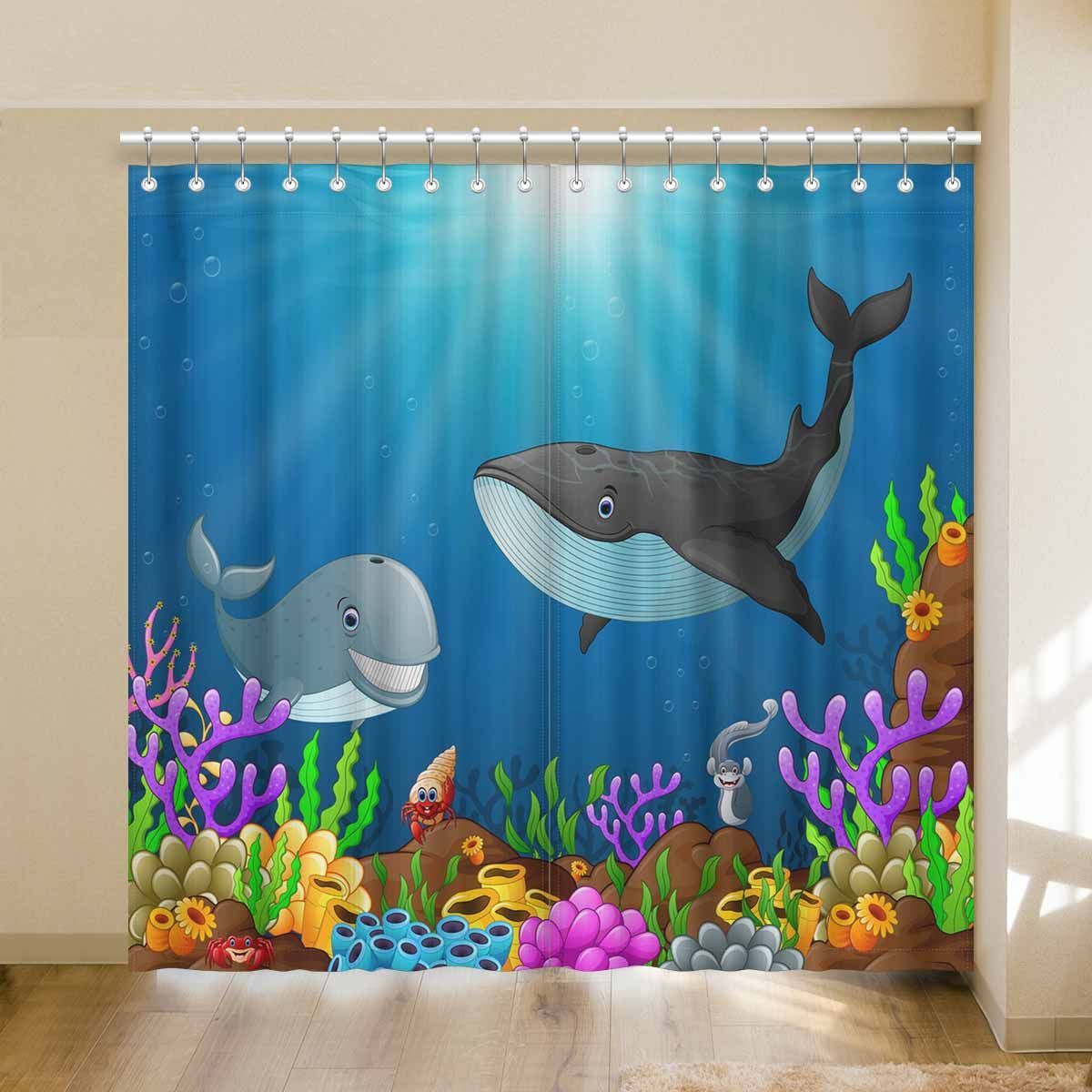 Sunlight Cartoon Shark And Whale Under The Sea Printed Window Curtain sunlight cartoon shark and whale under the sea printed window curtain 4461
