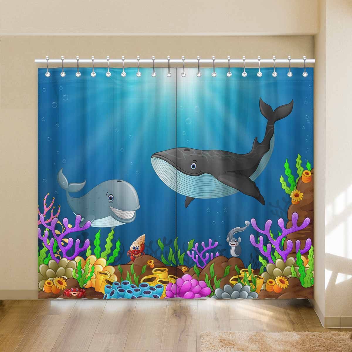 Sunlight Cartoon Shark And Whale Under The Sea Printed Window Curtain sunlight cartoon shark and whale under the sea printed window curtain 6141
