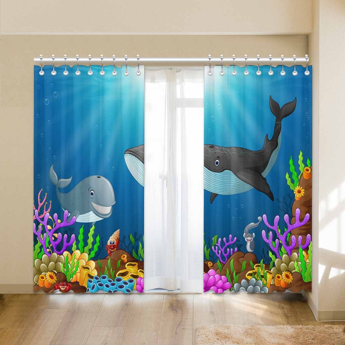 Sunlight Cartoon Shark And Whale Under The Sea Printed Window Curtain sunlight cartoon shark and whale under the sea printed window curtain 8933