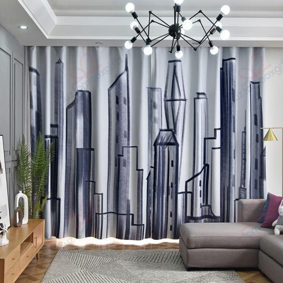 tall building gray printed window curtain home decor 6004
