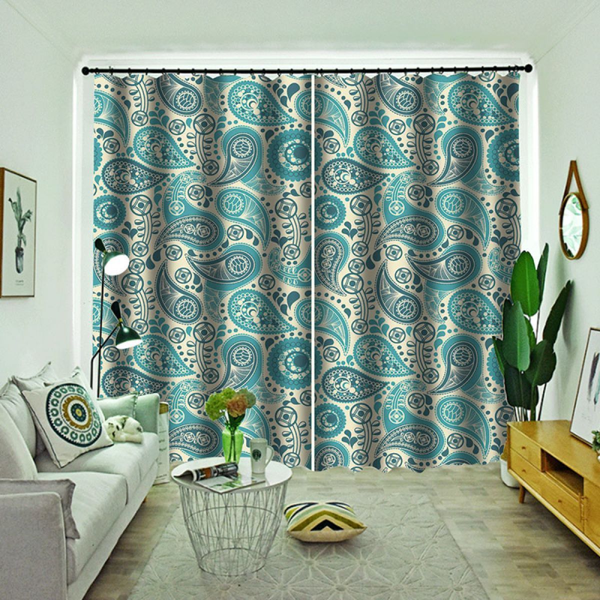 teal paisley design printed window curtain home decor 5220