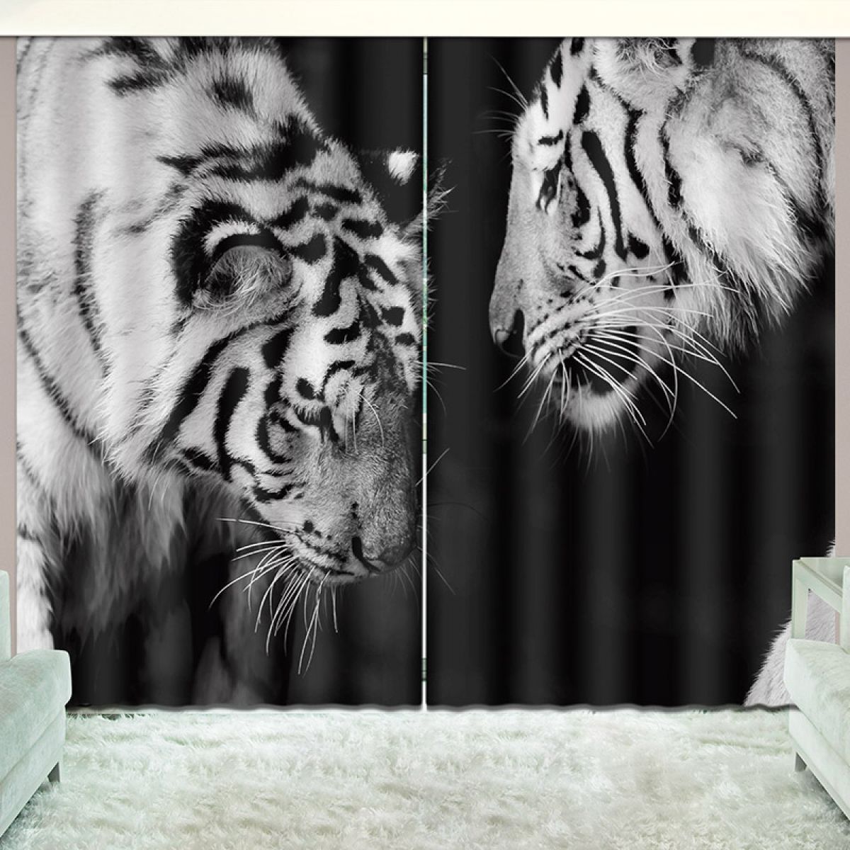 tiger couple black and white printed window curtain home decor 6593