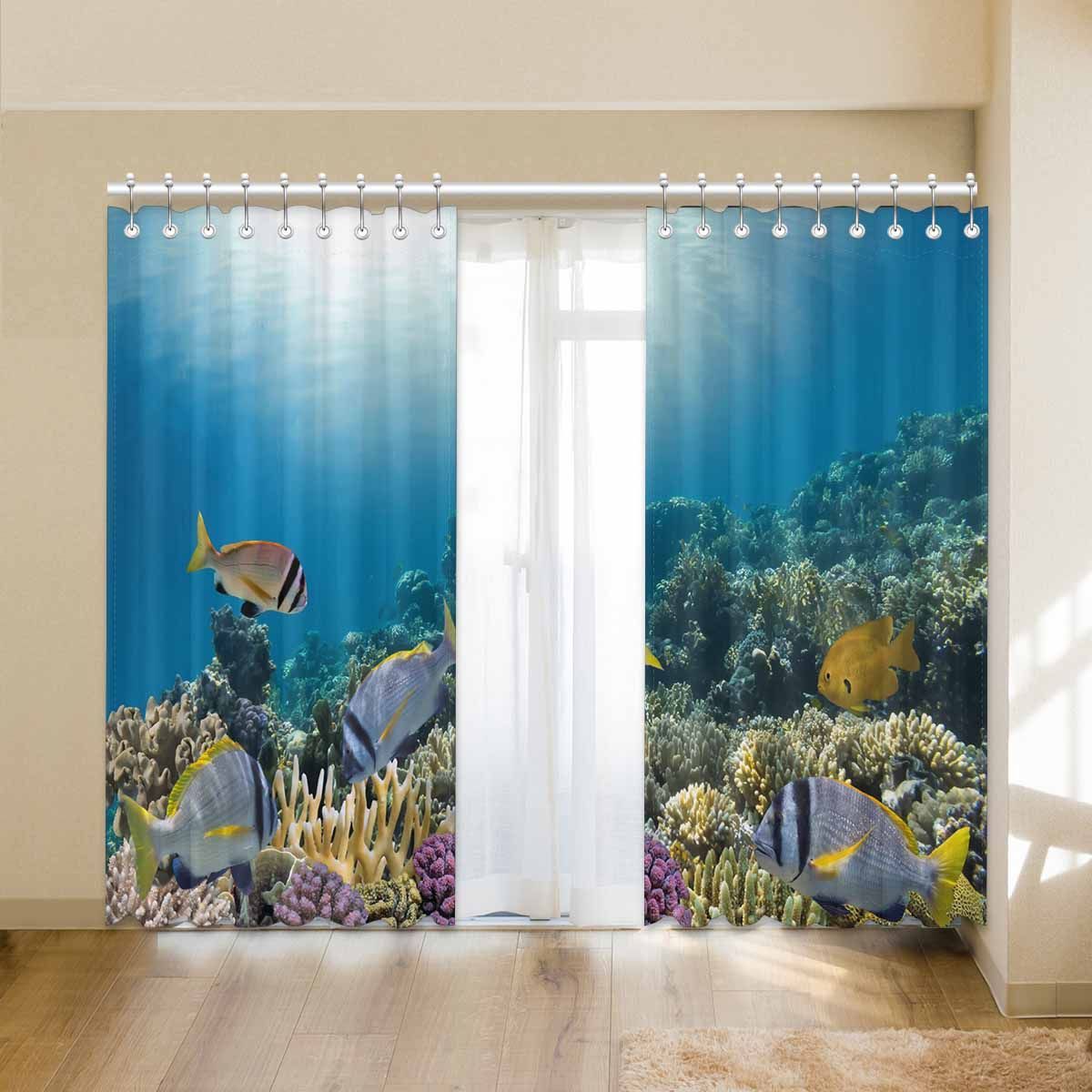 tropical fish on coral reef pattern sunlight printed window curtain 7708