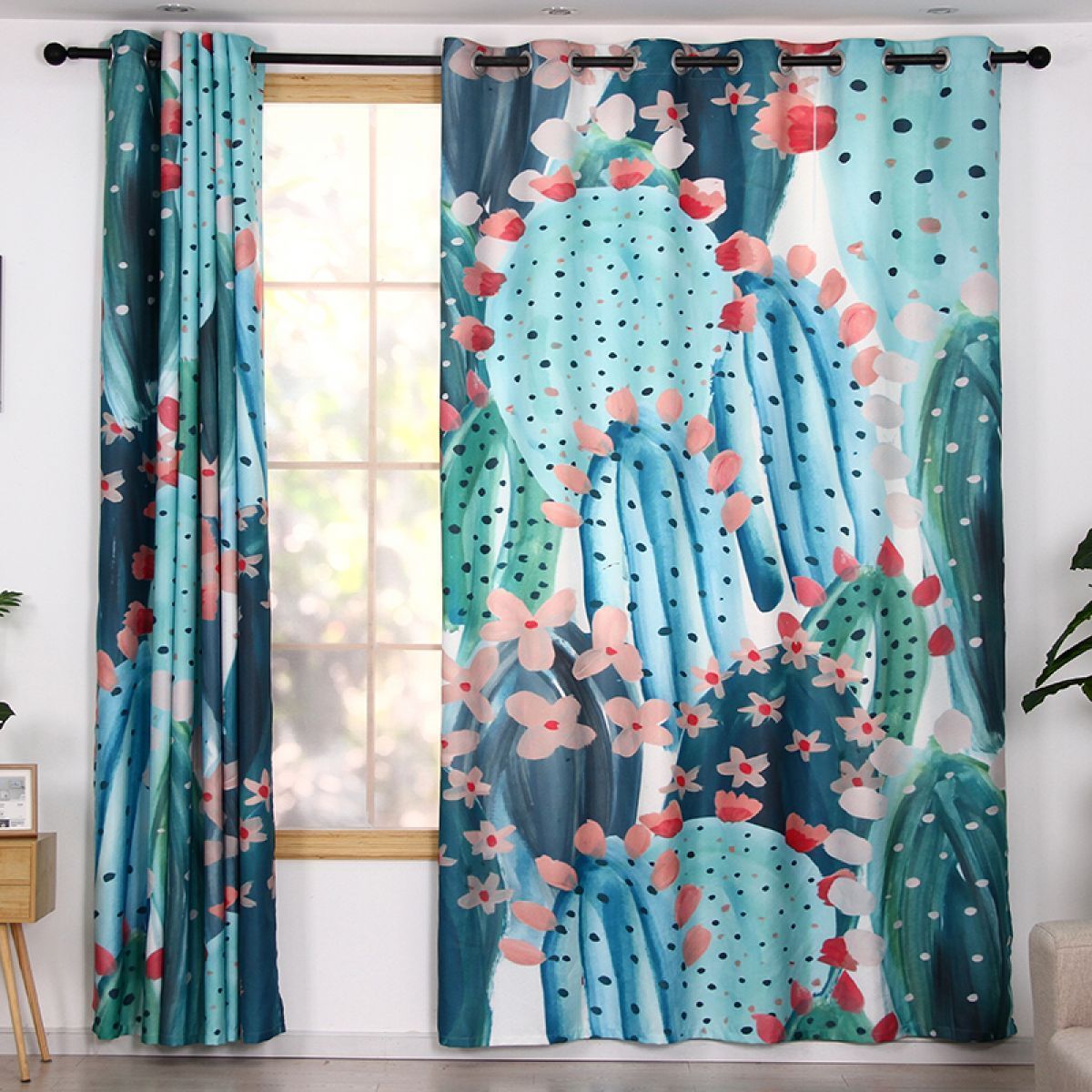 turquoise cactus printed window curtain home decor 8838