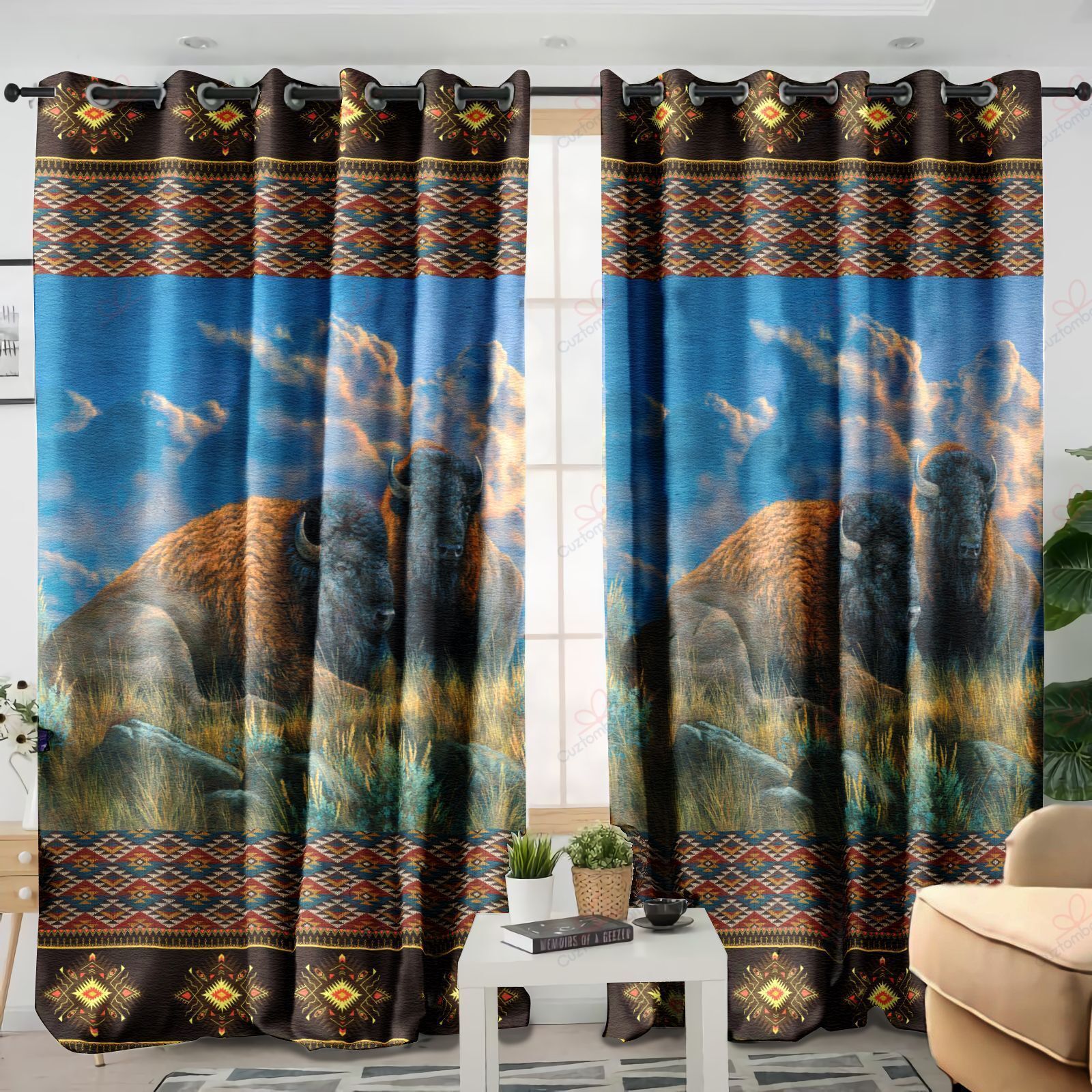 two bisons in nature window curtain home decor 6252