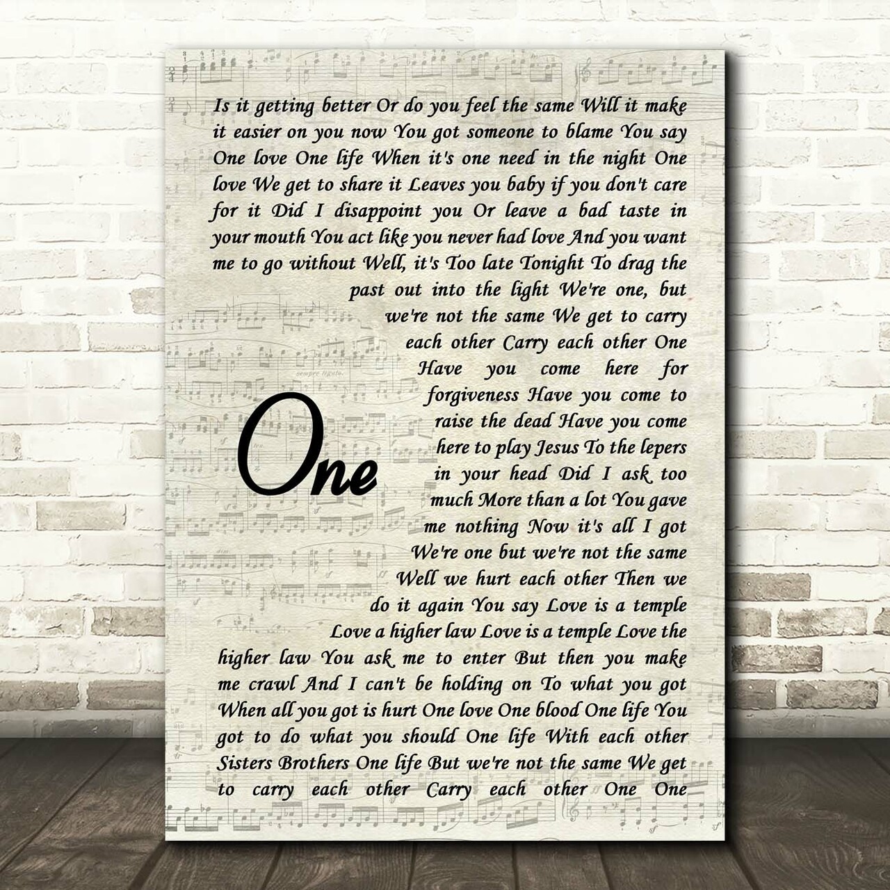 u2 one vintage script song lyric print 6363