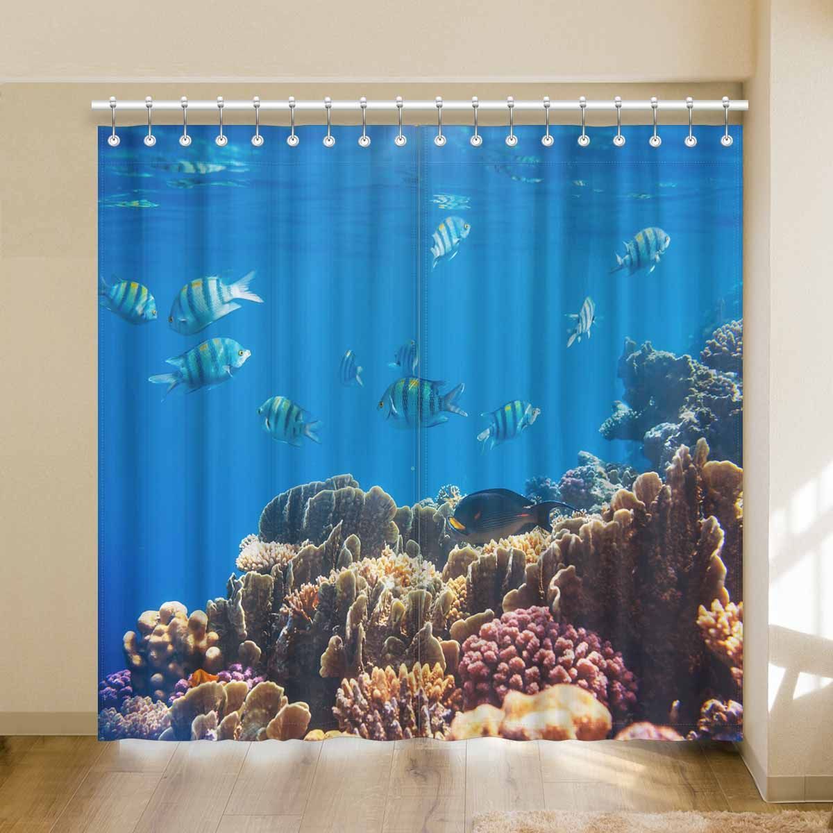 undersea coral pattern with fishes printed window curtain 8666