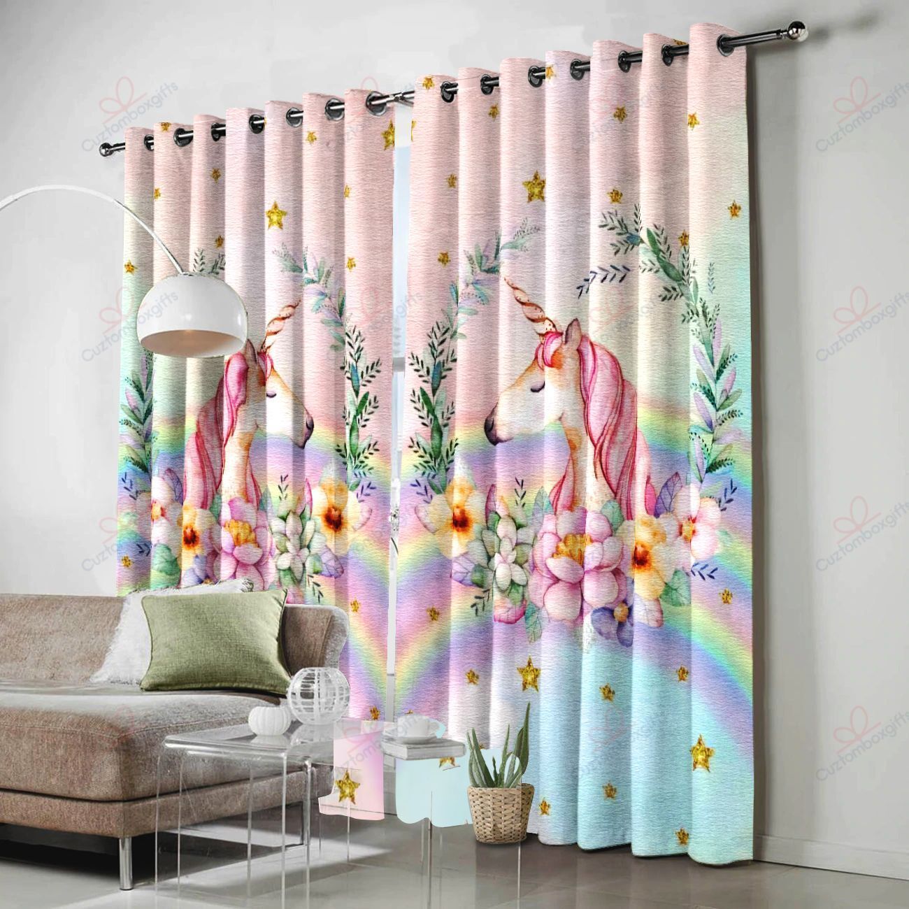Unicorn Dream Flowers Printed Window Curtain Home Decor unicorn dream flowers printed window curtain home decor 4268