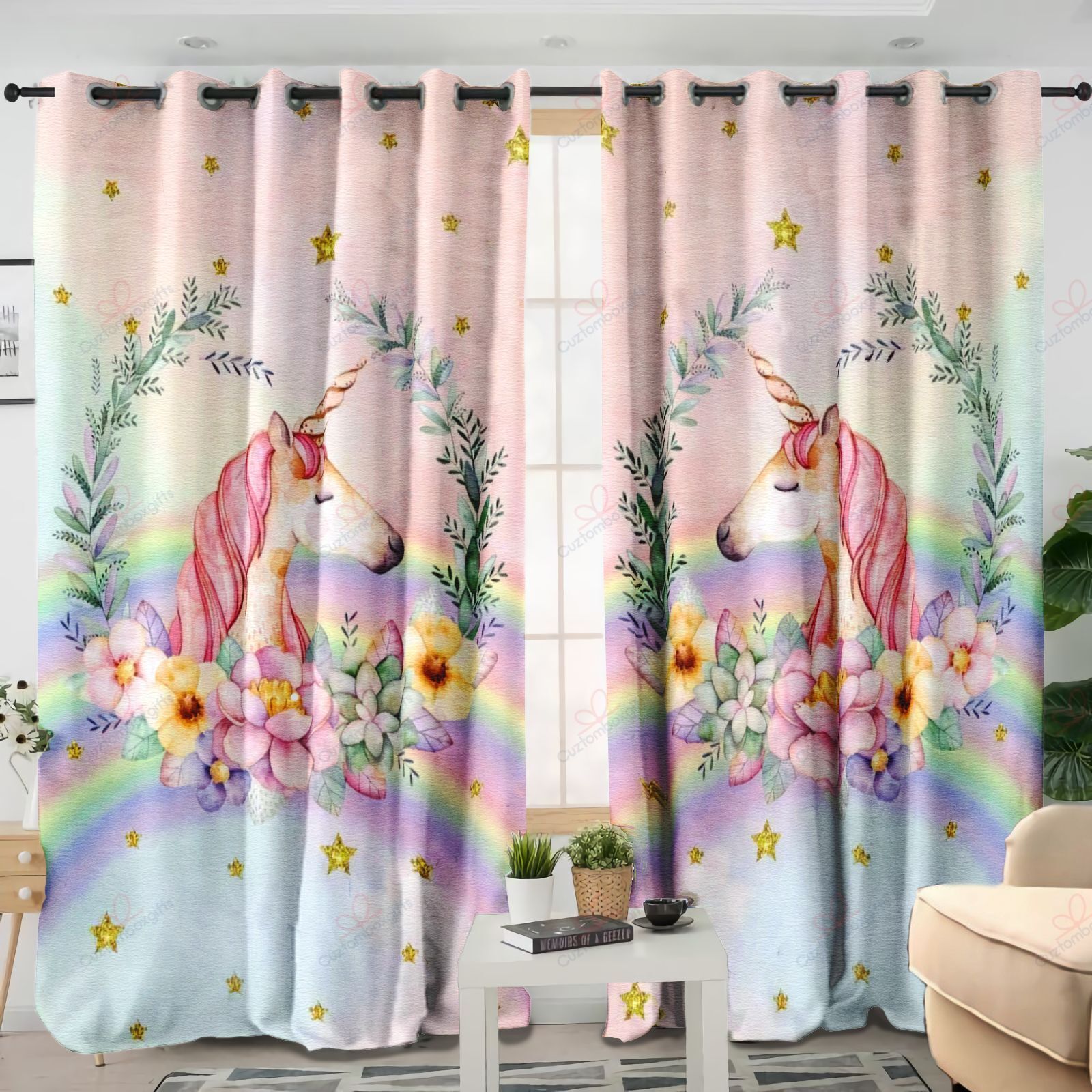 Unicorn Dream Flowers Printed Window Curtain Home Decor unicorn dream flowers printed window curtain home decor 8684