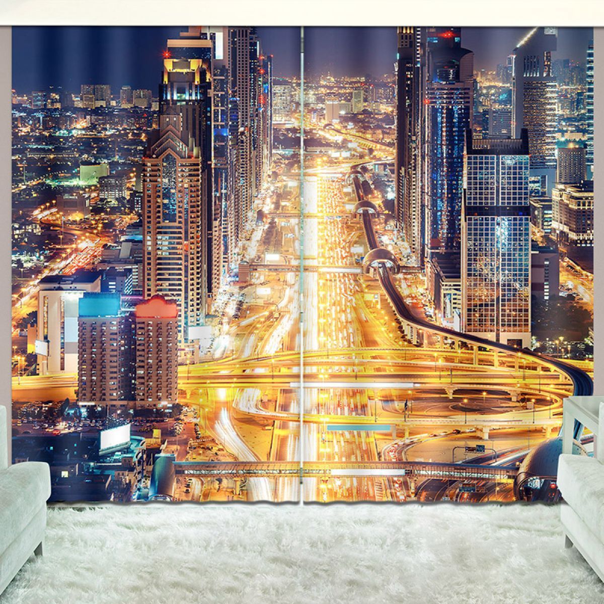 urban night scene printed window curtain home decor 3648