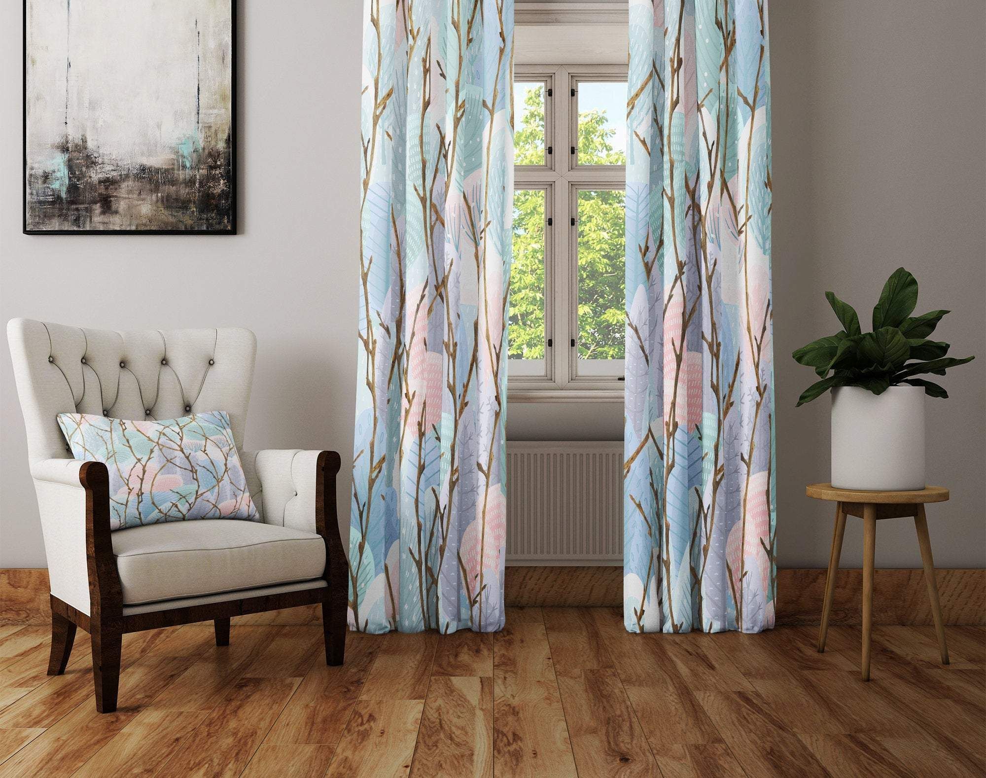 watercolor trees and sticks pattern printed window curtain 4443