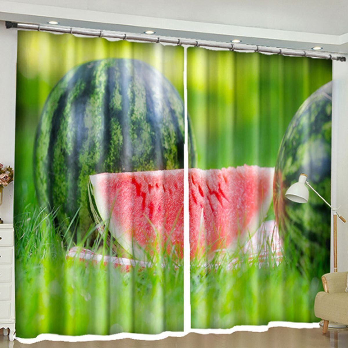 watermelon on green grass printed window curtain home decor 5157