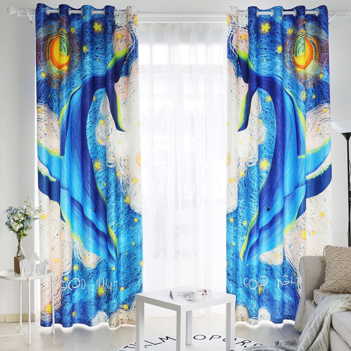 whales in the night sky printed window curtain home decor 3257