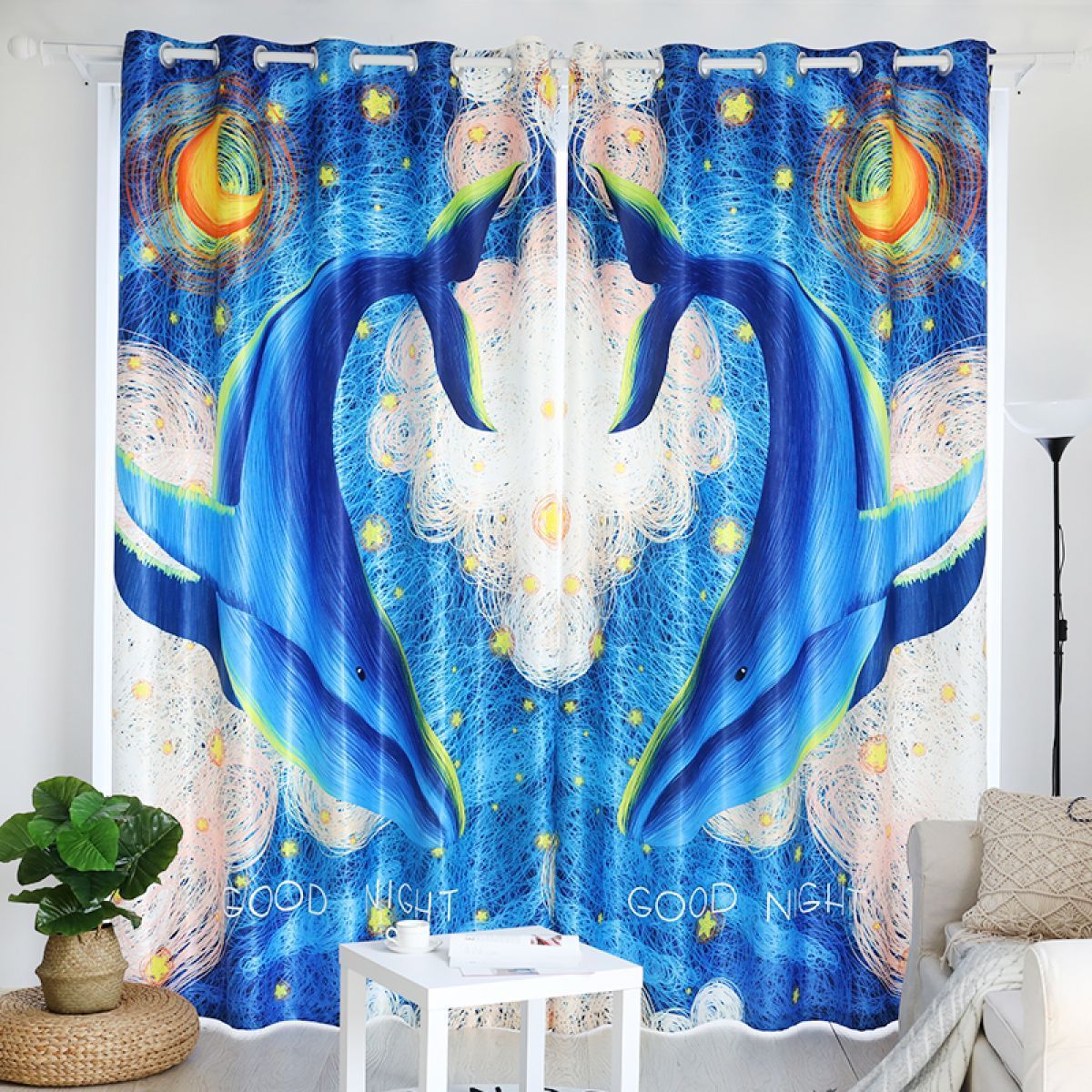 whales in the night sky printed window curtain home decor 8715