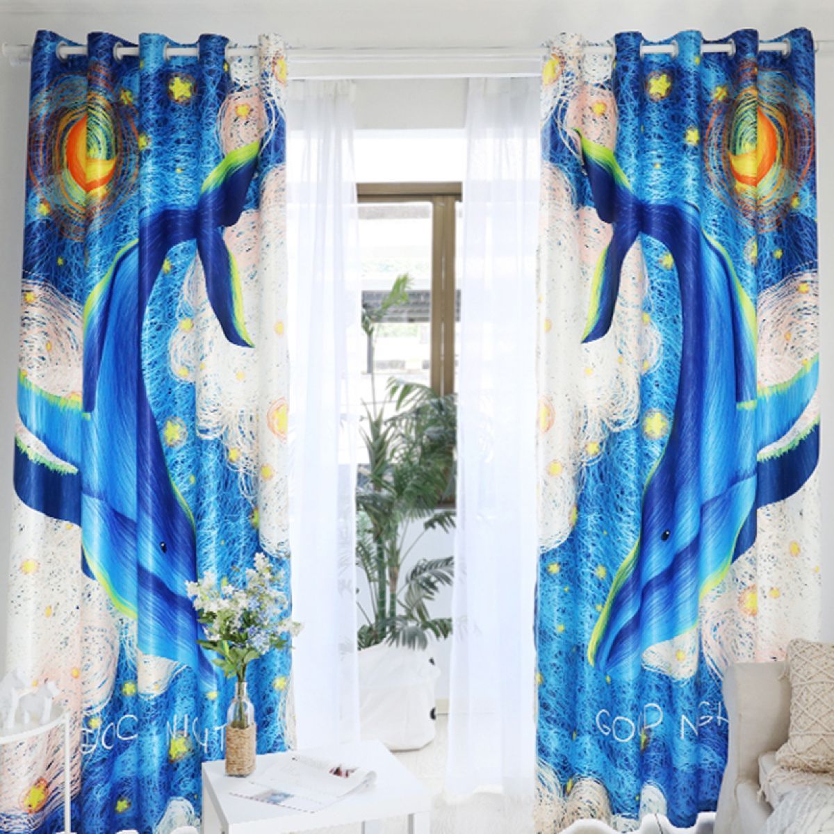 whales in the night sky printed window curtain home decor 8752