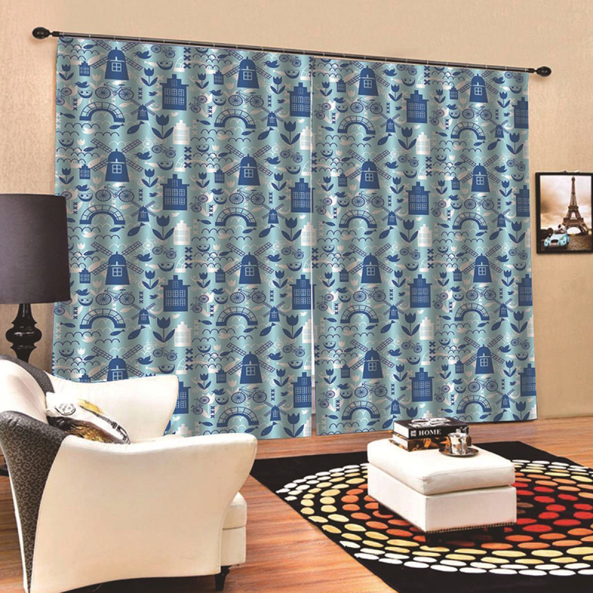 white and blue windmill block printed window curtain home decor 1591