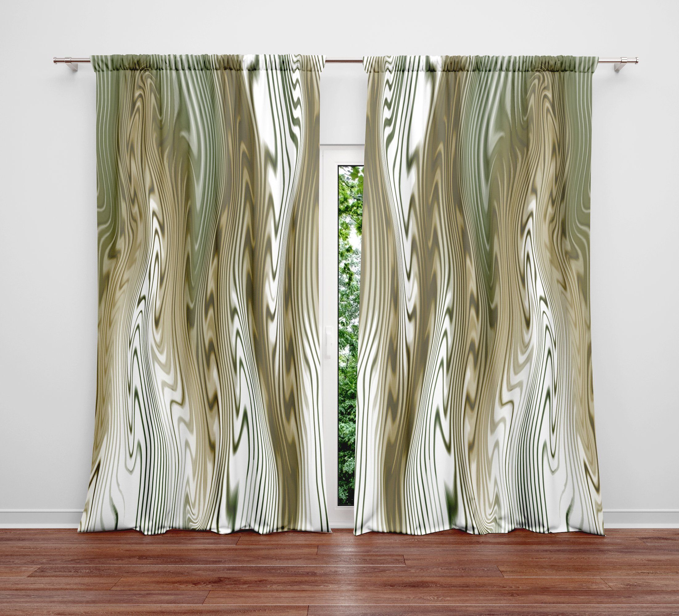 white and earth tone wavy striped printed window curtain 8711