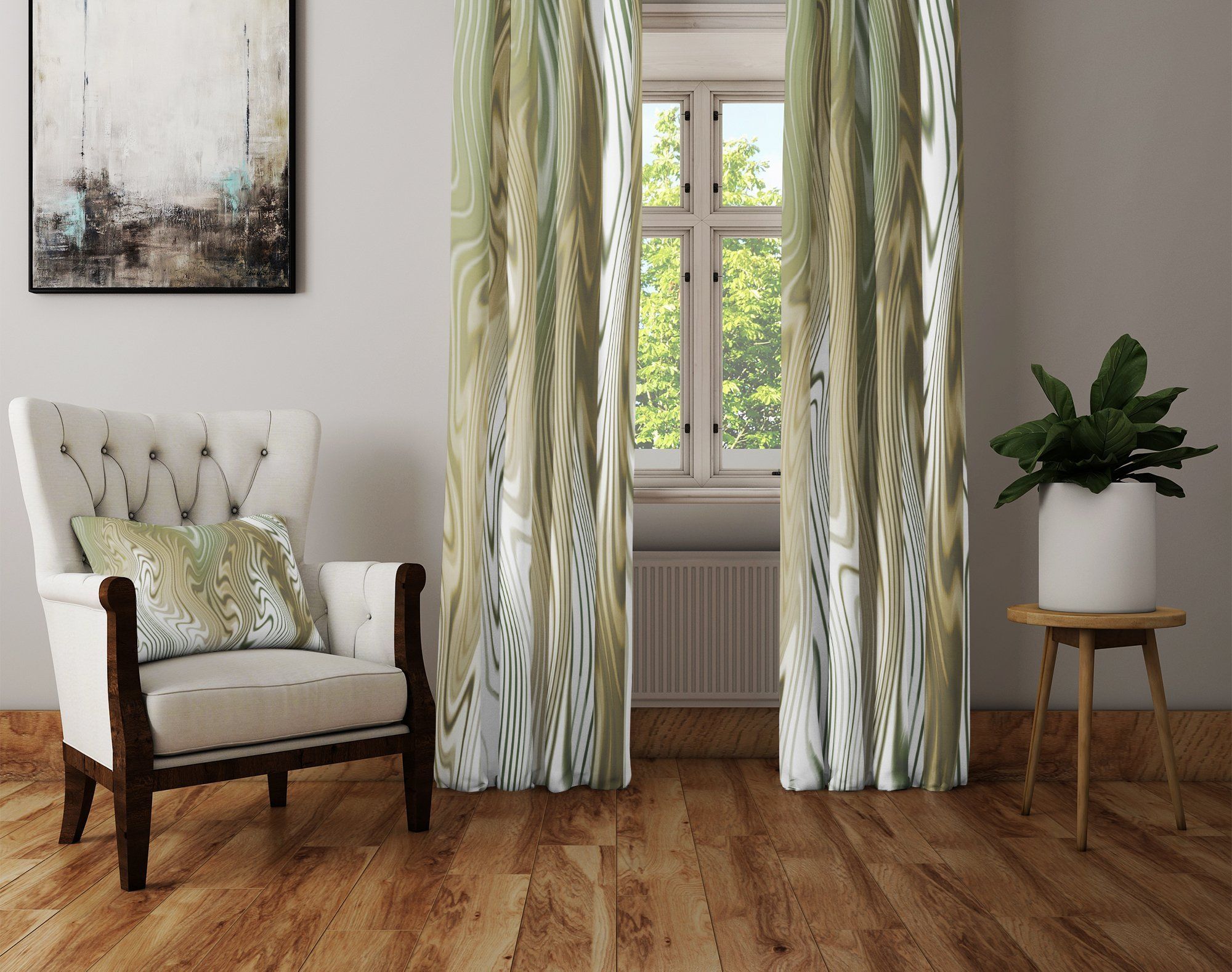white and earth tone wavy striped printed window curtain 8928