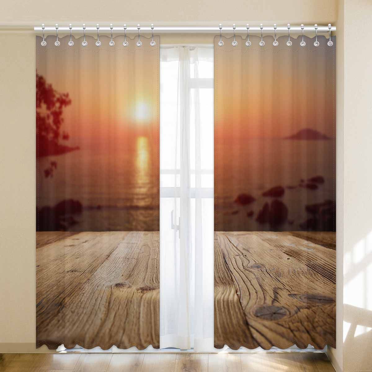 woden table on the beach with palms printed window curtain 4113