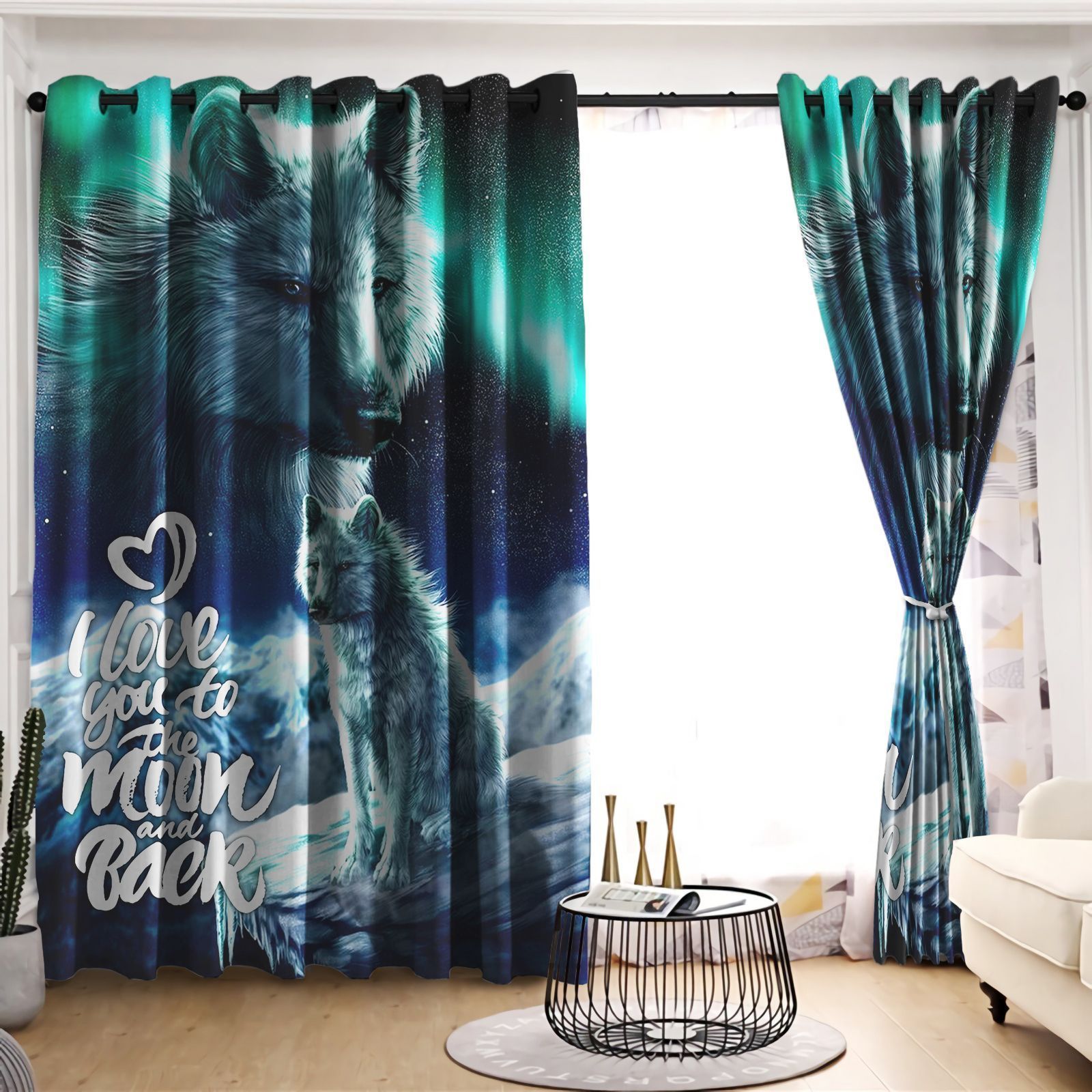 wolf love you to the moon printed window curtain home decor 5891