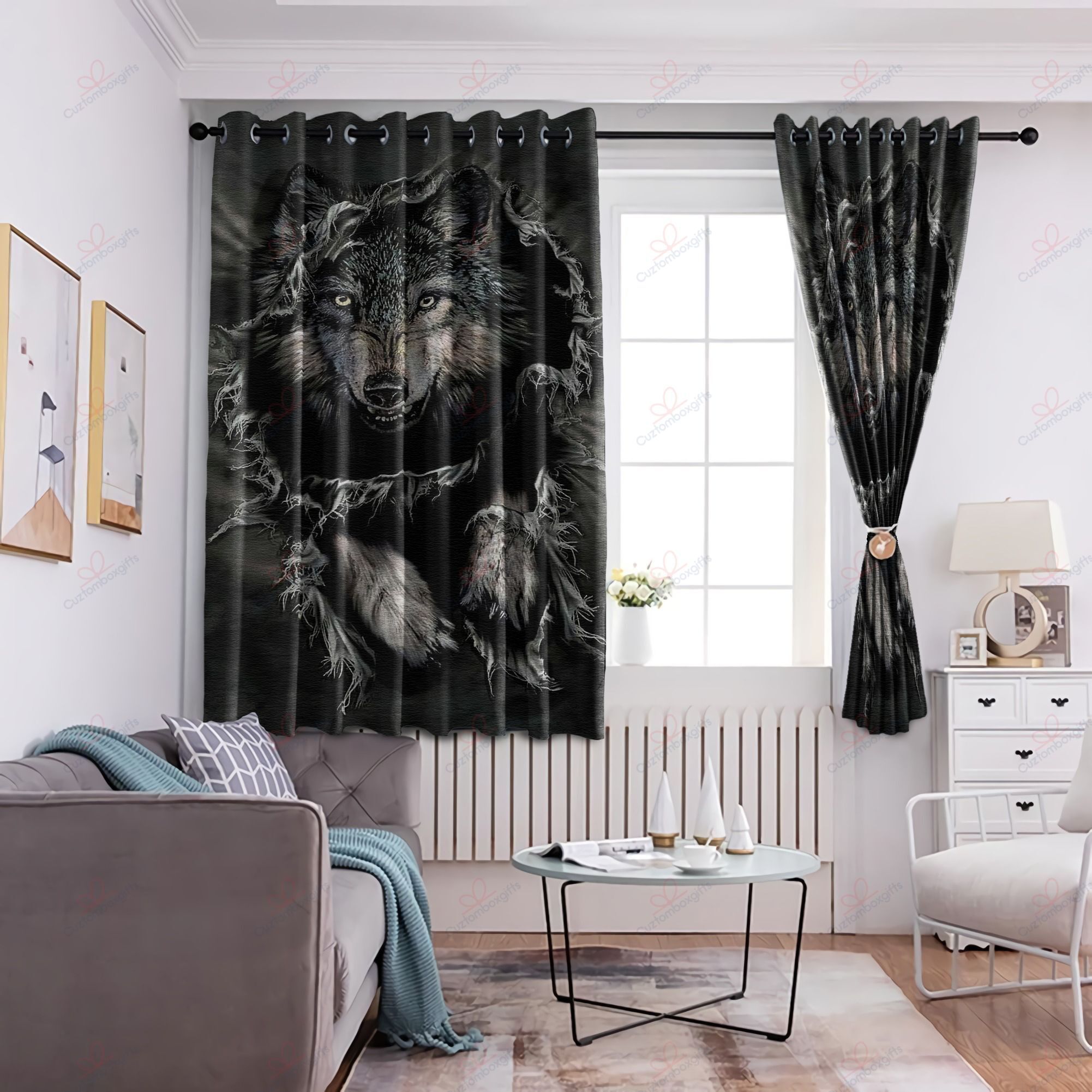 wolf throw printed window curtain home decor 4146
