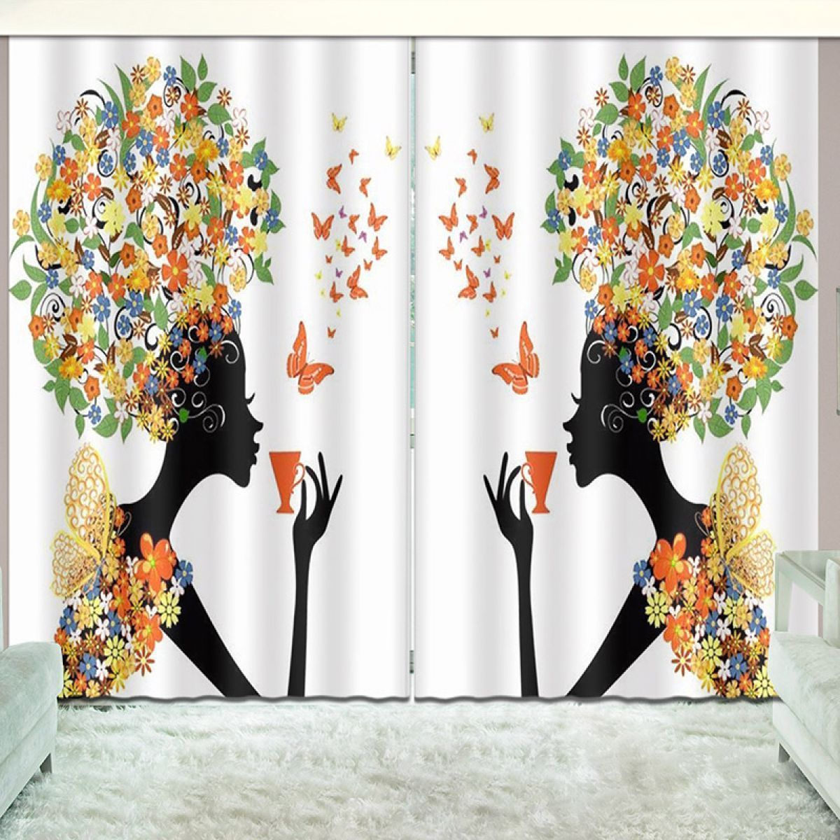 woman holding a cup with butterflies around printed window curtain home decor 6304