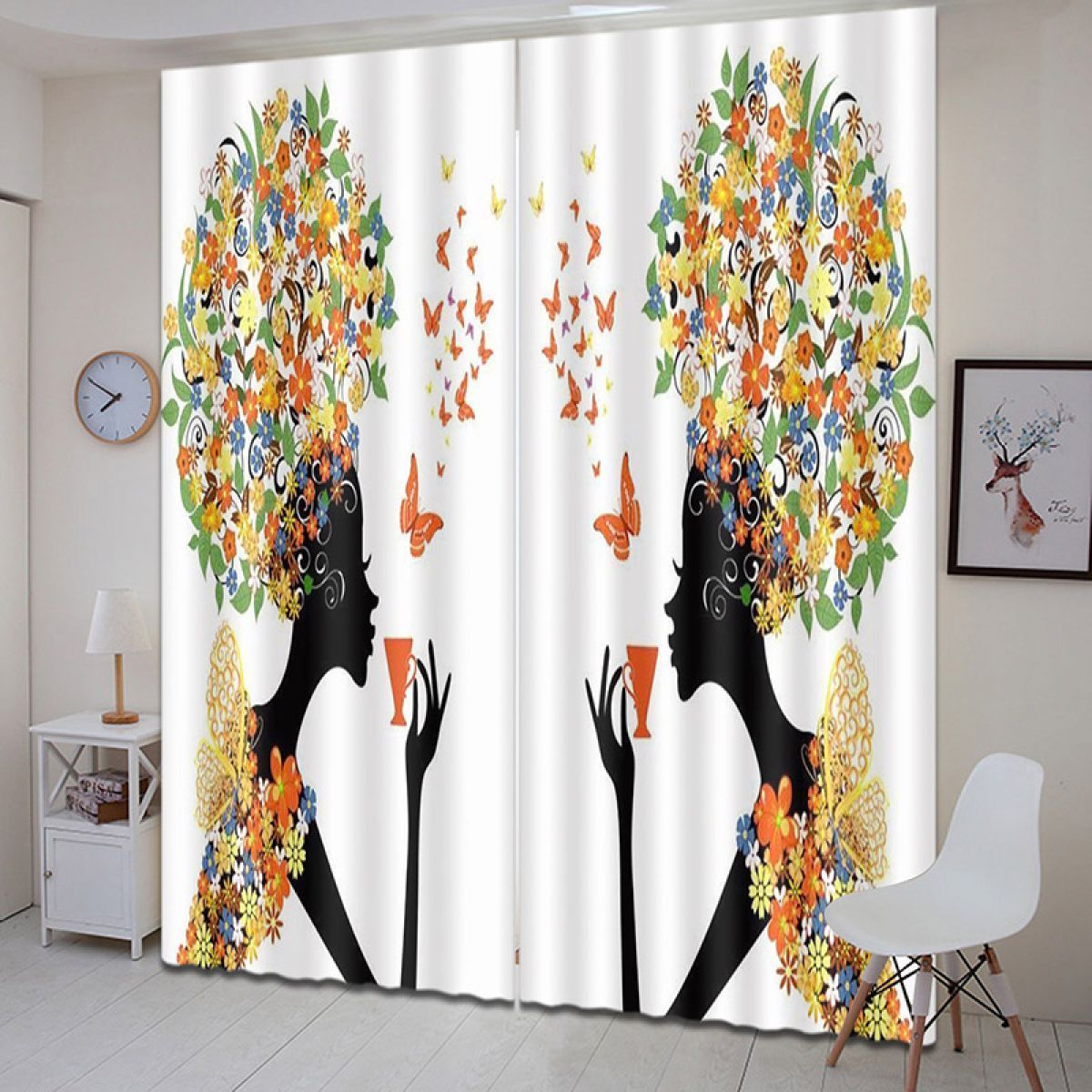 woman holding a cup with butterflies around printed window curtain home decor 7086
