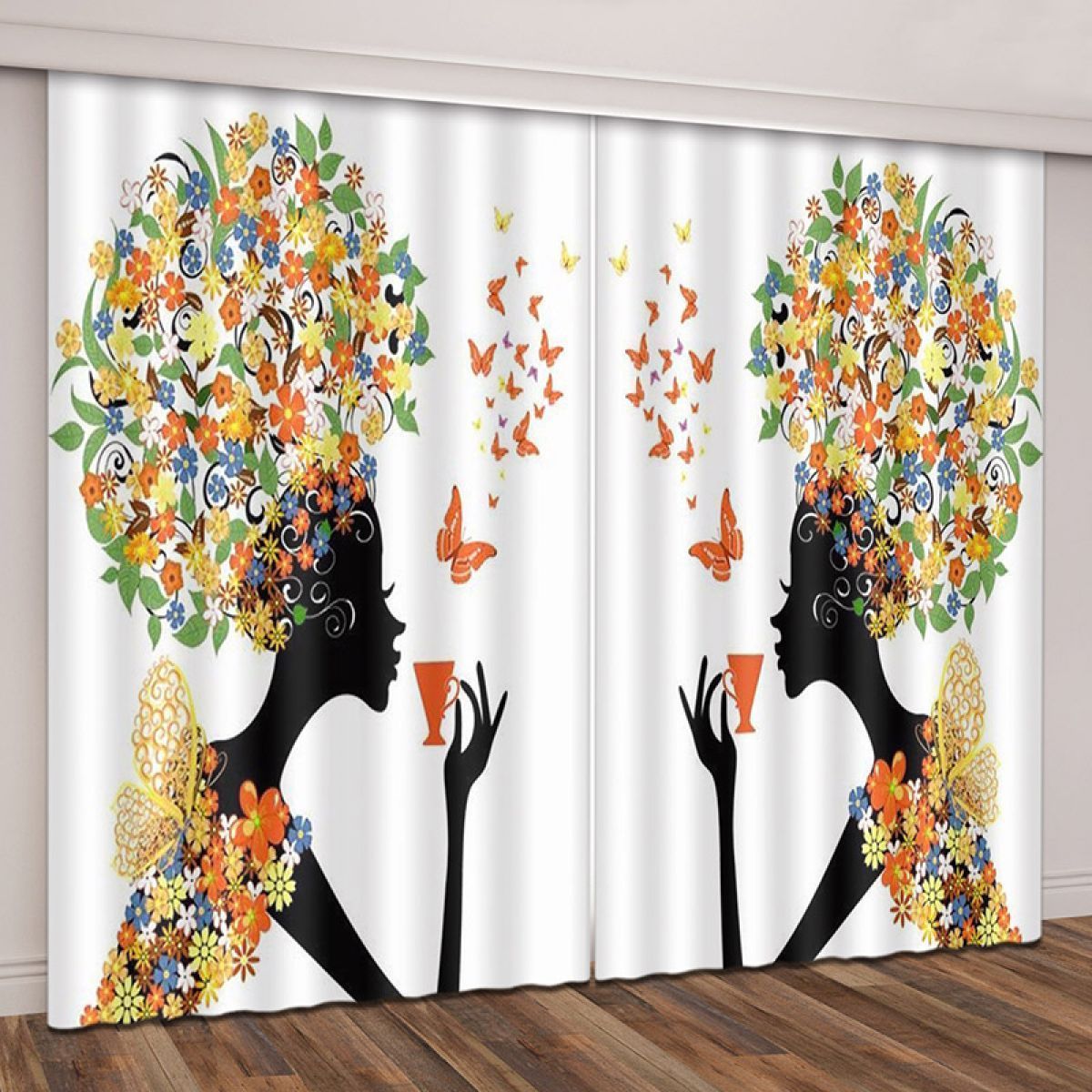 woman holding a cup with butterflies around printed window curtain home decor 7543