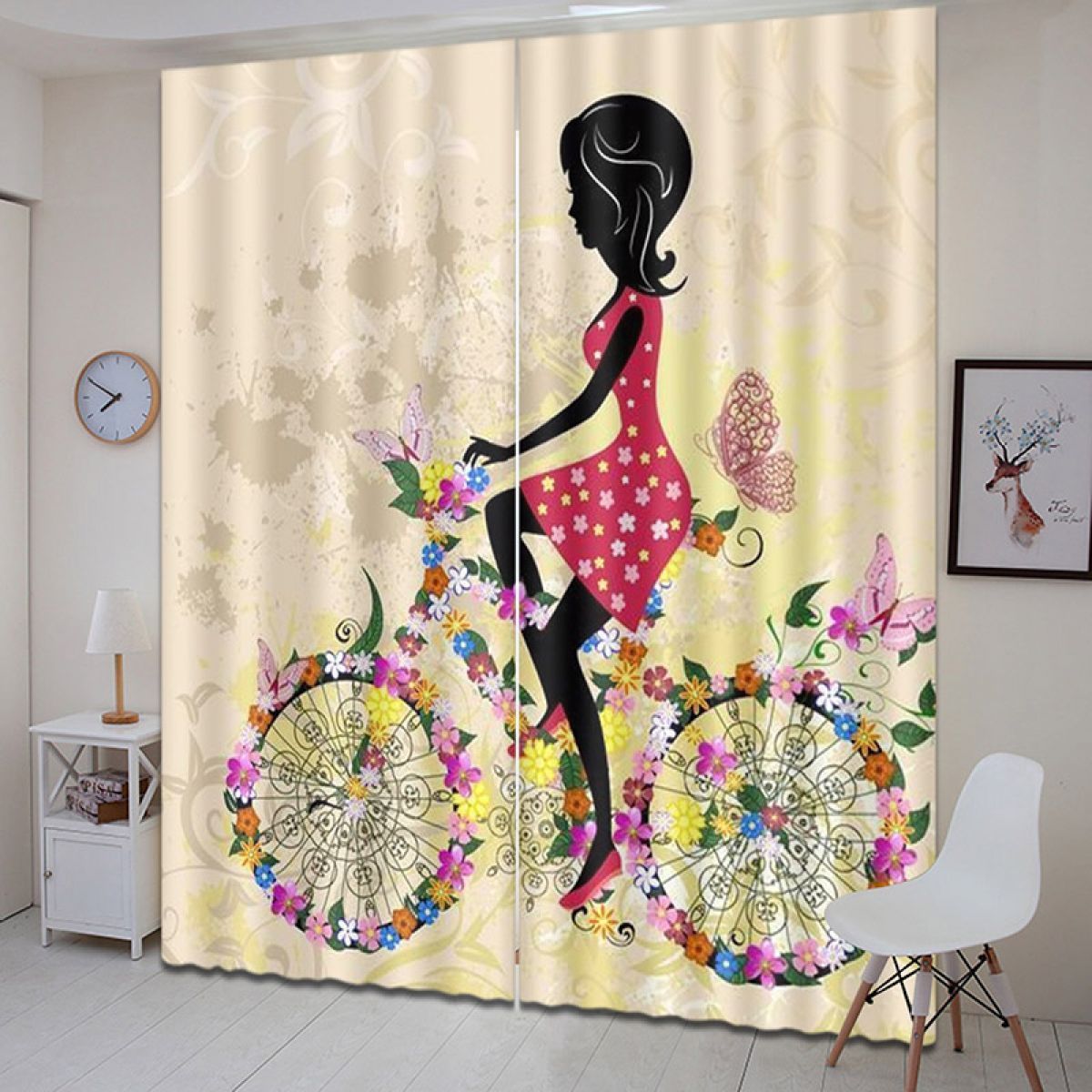 woman riding bike printed window curtain home decor 3875
