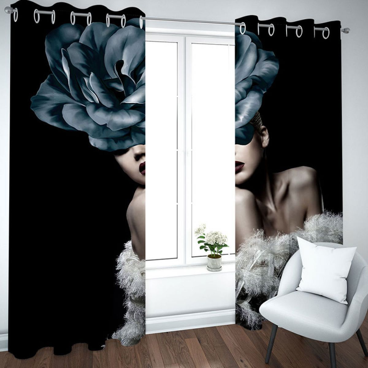 Woman With Black Flower Printed Window Curtain Home Decor woman with black flower printed window curtain home decor 2273