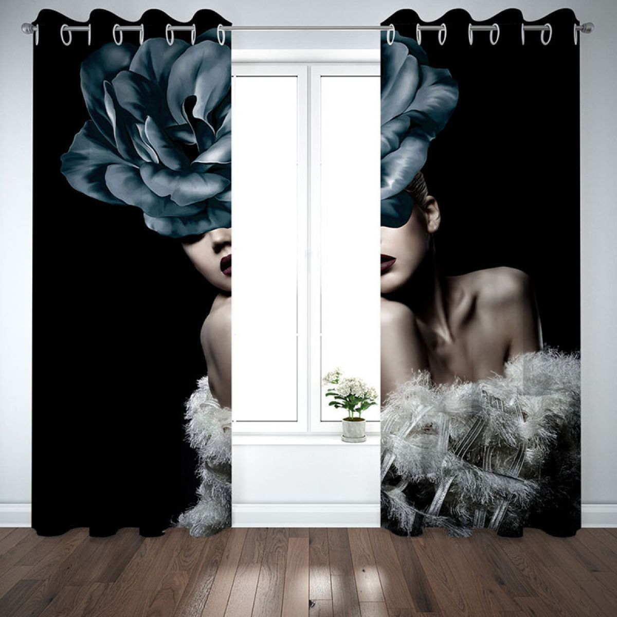 Woman With Black Flower Printed Window Curtain Home Decor woman with black flower printed window curtain home decor 3801