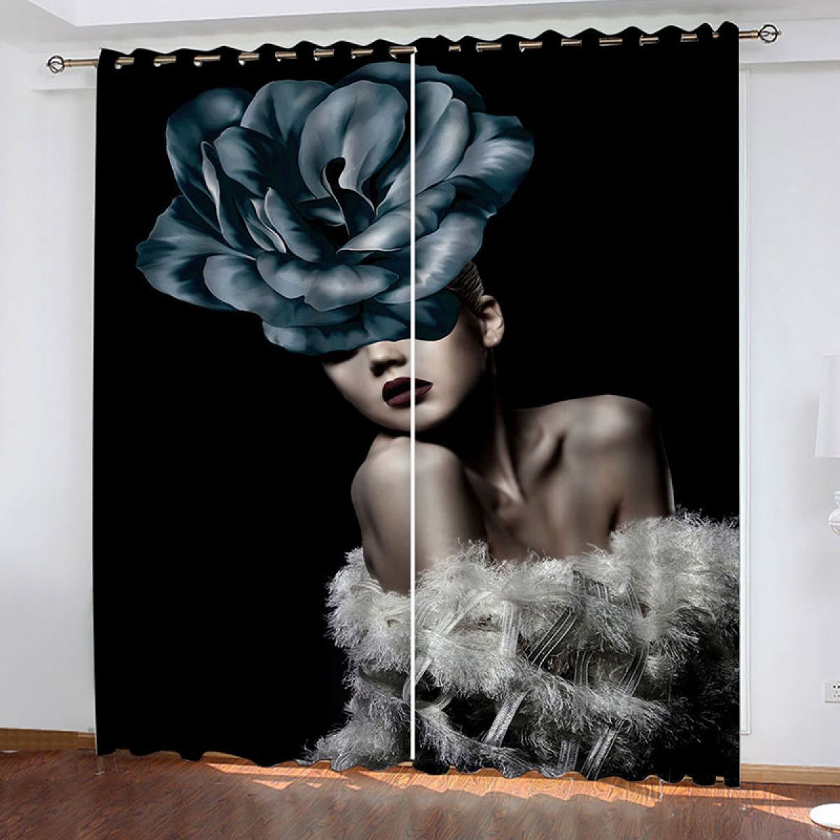 Woman With Black Flower Printed Window Curtain Home Decor woman with black flower printed window curtain home decor 7961