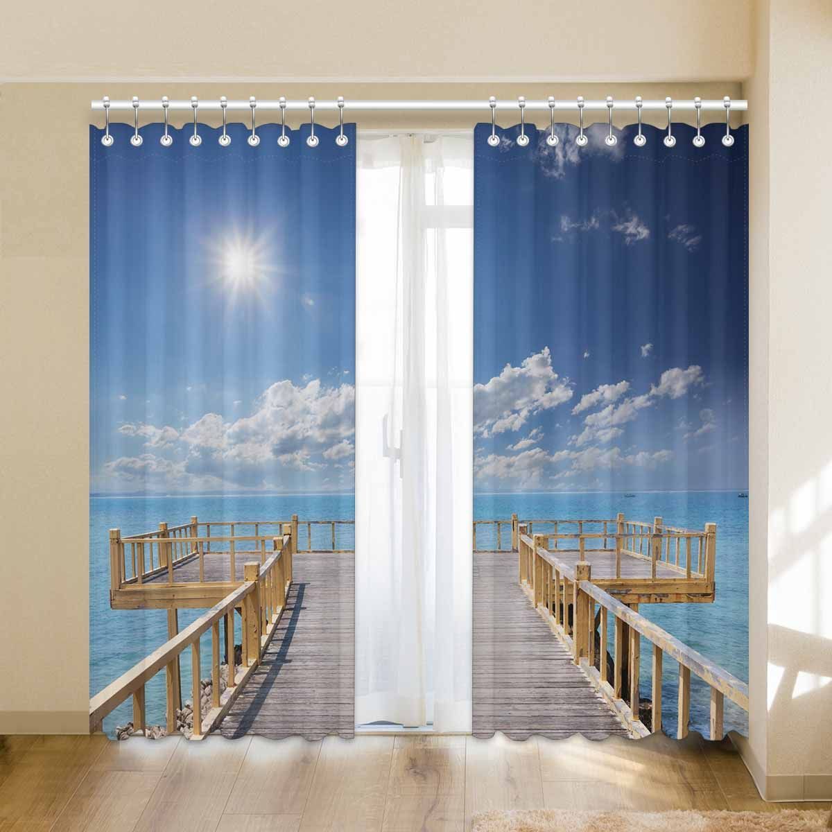 wooden platform beside beach with sunrise printed window curtain 3260