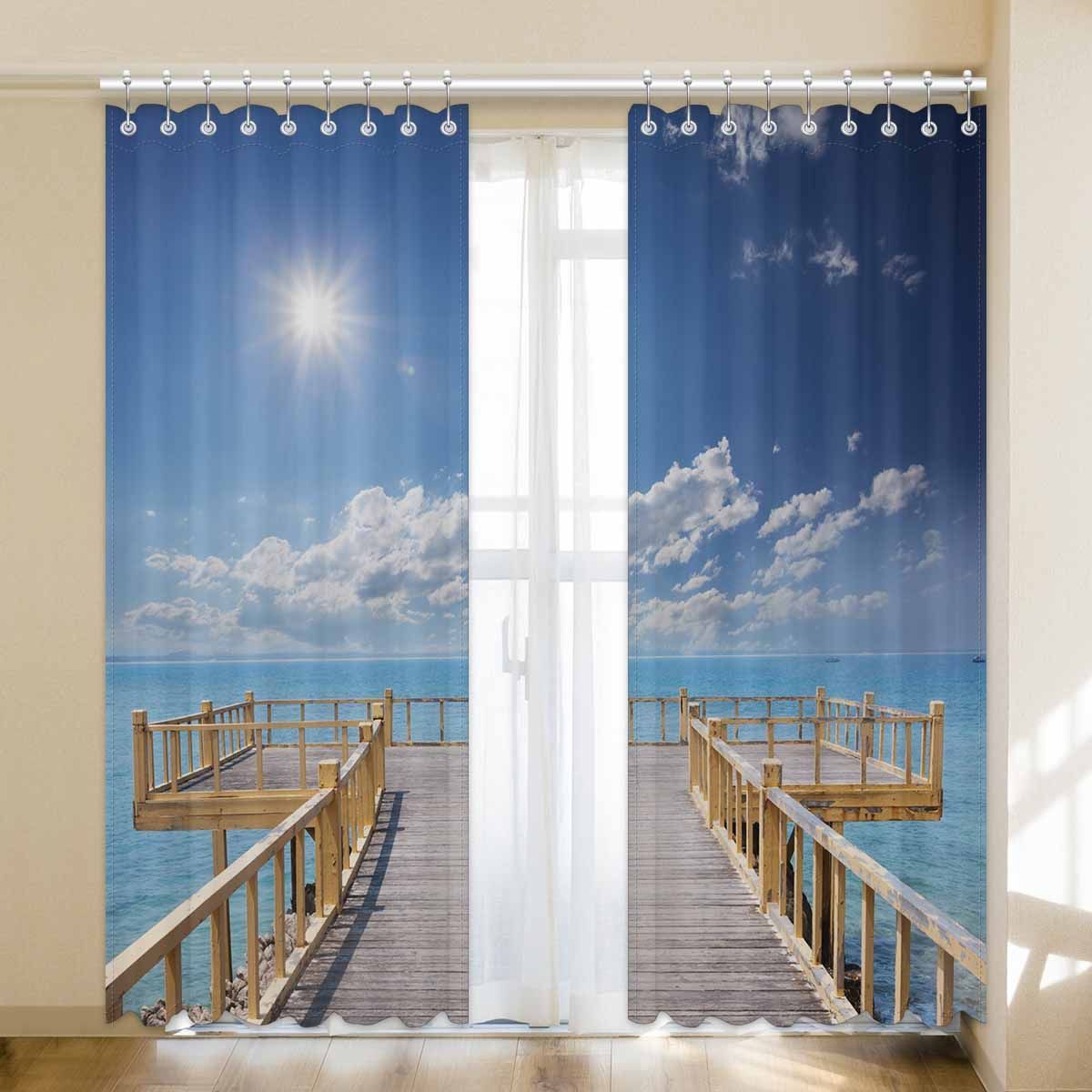 wooden platform beside beach with sunrise printed window curtain 5189