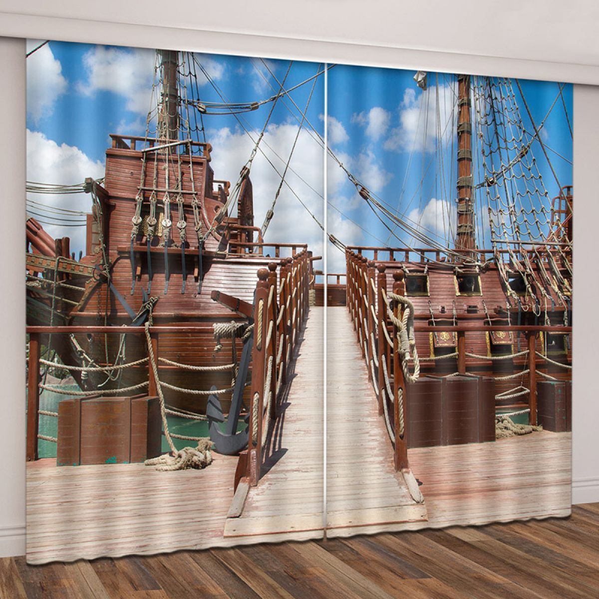wooden ship printed window curtain home decor 4044