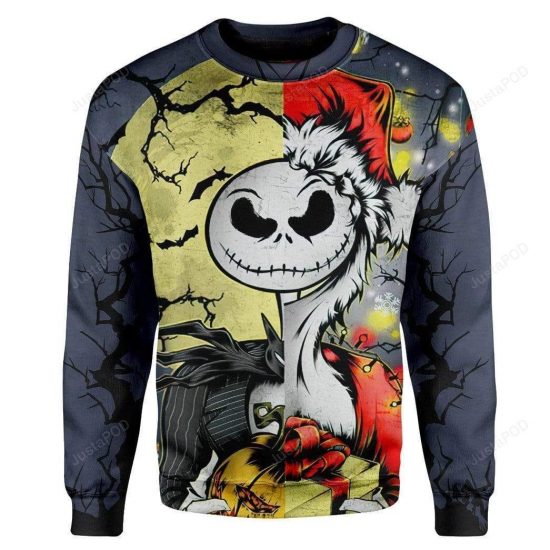 3D Jack Skellington Halloween And Grinch Christmas Sweatshirt  Ugly Christmas Sweater Xmas Gift - Colins Store