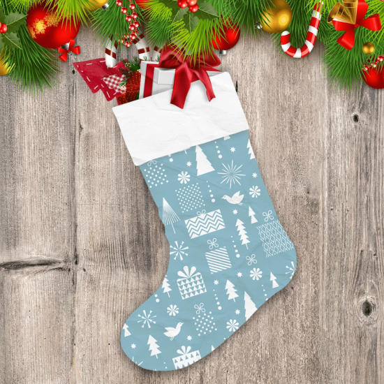 Abstract Geometric Gifts Box Trees Birds In Blue And White Christmas Stocking