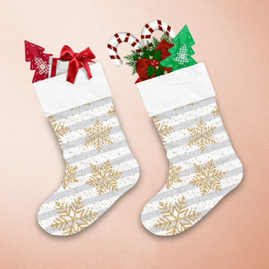Abstract Gold Glitter Snowfalkes And Snow On Blue Striped Background Christmas Stocking 1