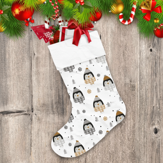 Adorable Penguin With Plaid Scarf And Snowflakes Ornate Christmas Stocking