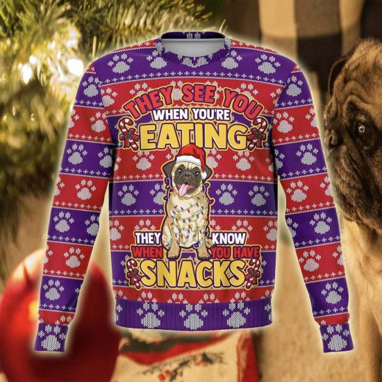Adorable Pug Snacks 3D All Over Print Ugly Christmas Sweatshirt
