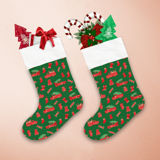 All Elements In Red Colors With Trucks Trees Socks And Candy Pattern Christmas Stocking 1