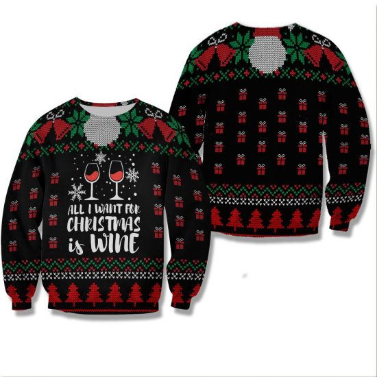 All I Want For Christmas Is Wine Unisex All Over Print Cotton Sweatshirt