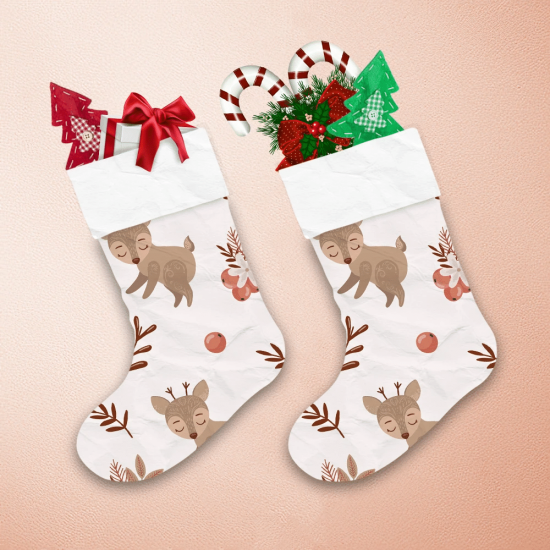 Baby Deer Cartoon With Floral Leaf And Ripe Berries Pattern Christmas Stocking 1